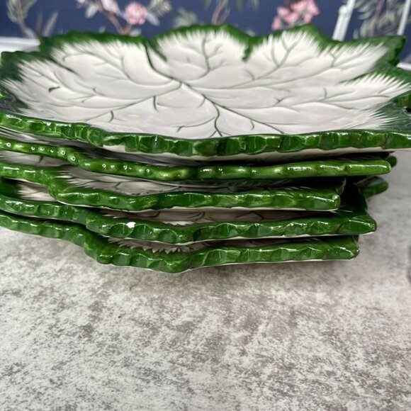 Olfaire Majolica Portugal White & Green Maple Leaf Plates Set of 5 - Picture 12 of 14